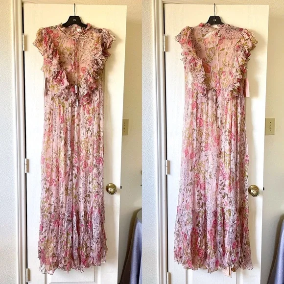 BHLDN Jessica Floral Ruffled Chiffon Maxi Dress Pink Green 8 NWT